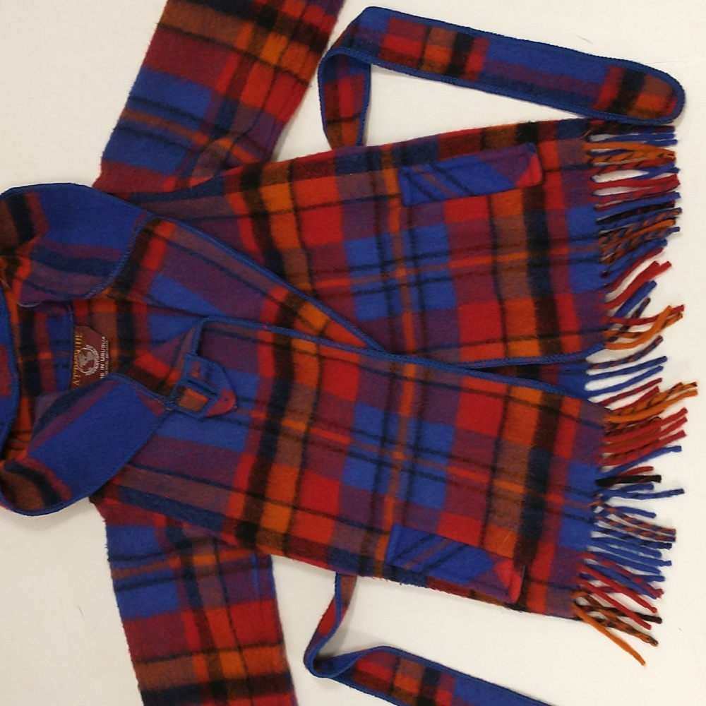 Vintage Bright Wool Wrap Jacket Plaid Blanket Coat Hooded Pockets Fringe Edge - Picture 10 of 16